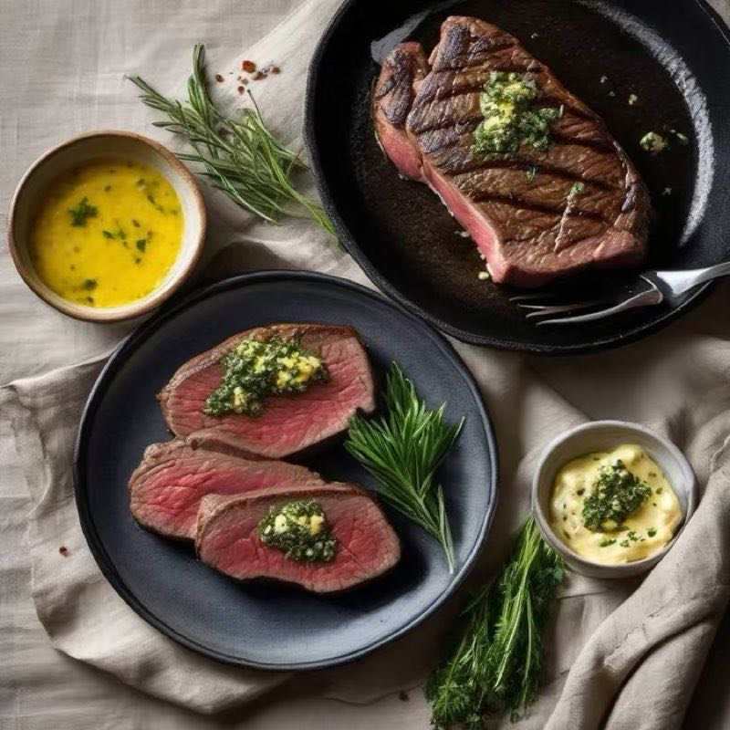 AI-generated illustration of Pan-Seared Bison Strip Steaks with Herb Butter