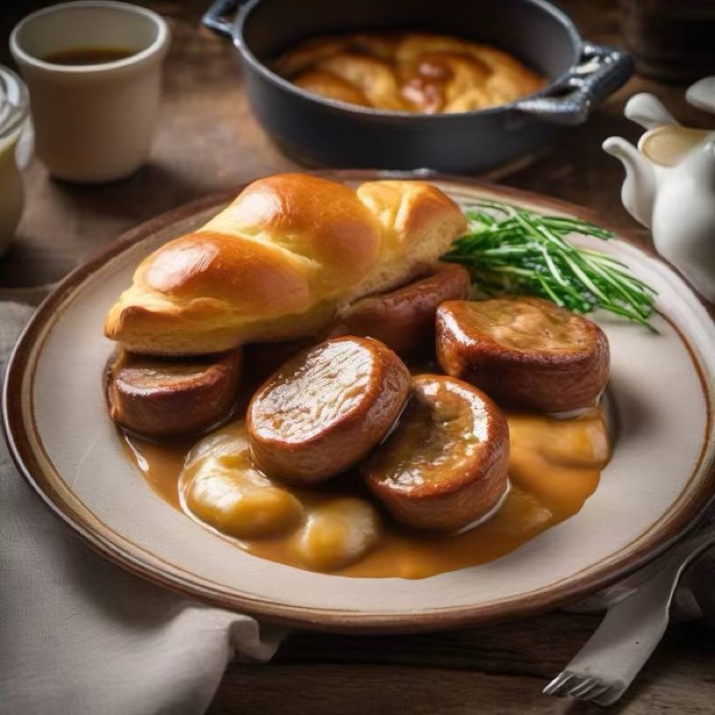 AI-generated illustration of Toad in the Hole with Onion Gravy