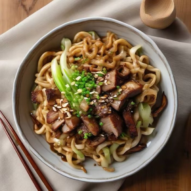 AI-generated illustration of Yaki Udon with Pork and Cabbage