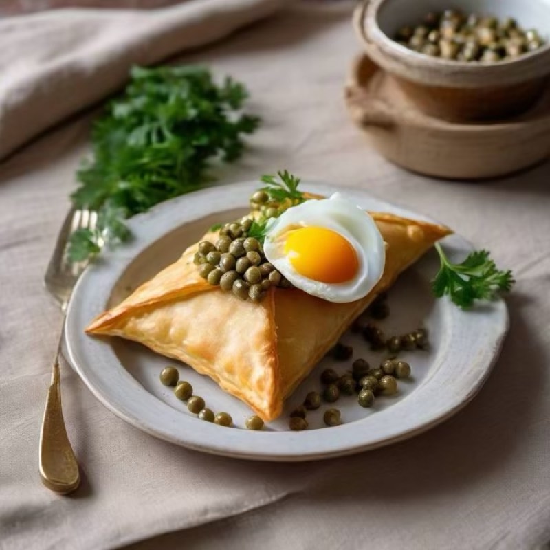 AI-generated illustration of Tunisian Brik with Tuna and Egg