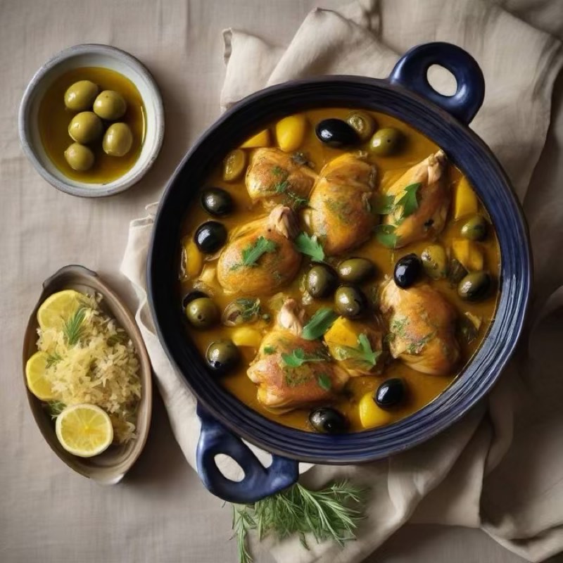 AI-generated illustration of Chicken Tagine with Preserved Lemon and Olives