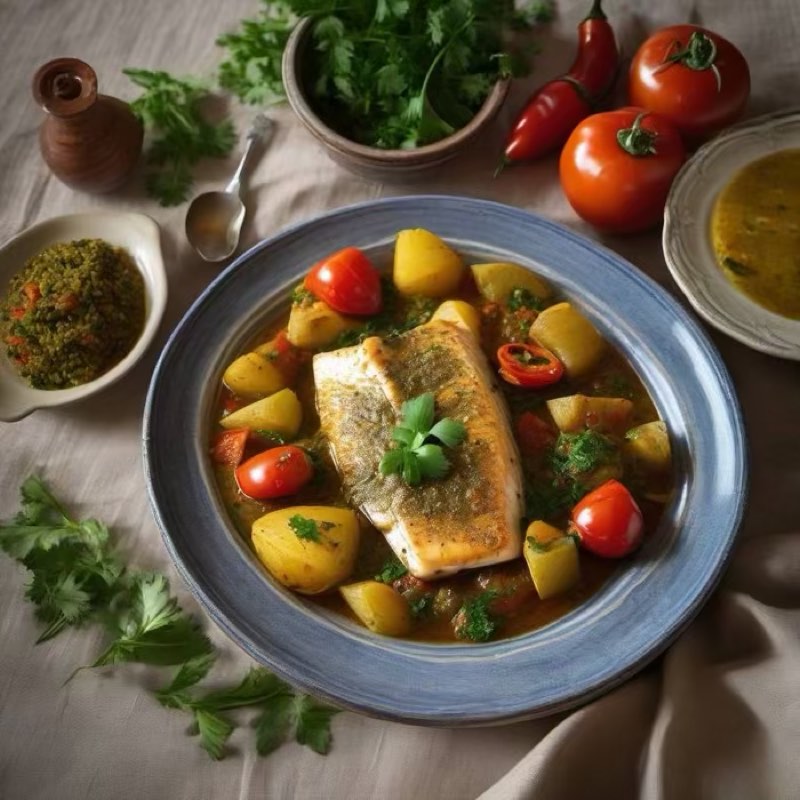 AI-generated illustration of Fish Tagine with Chermoula