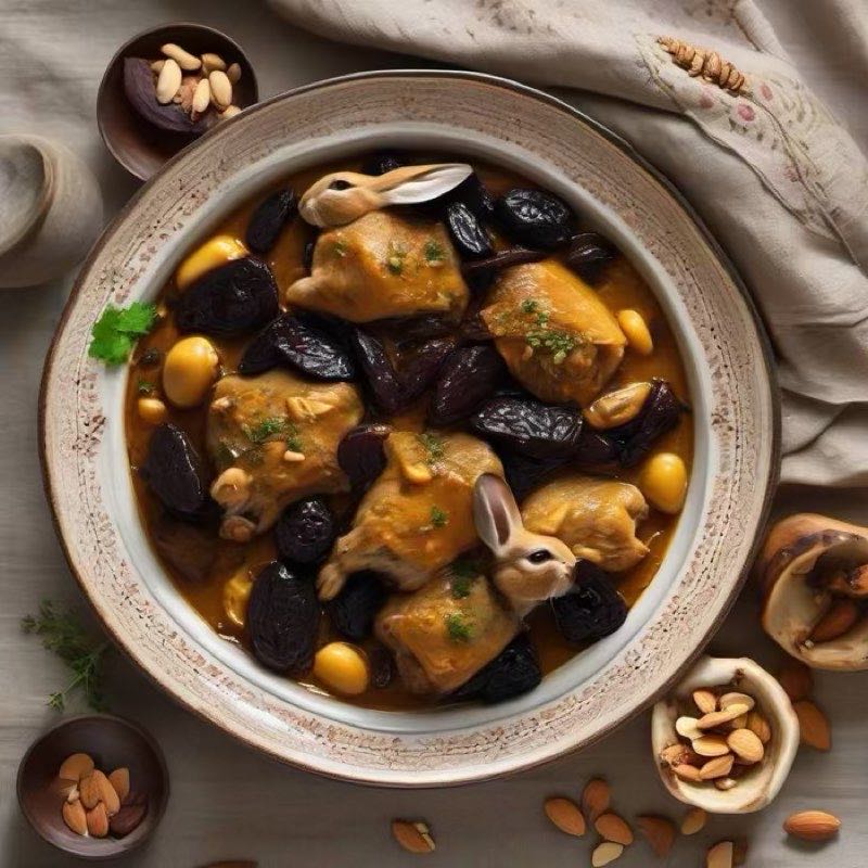AI-generated illustration of Rabbit Tagine with Prunes and Almonds