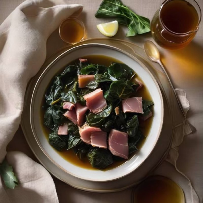 AI-generated illustration of Collard Greens with Smoked Ham Hock