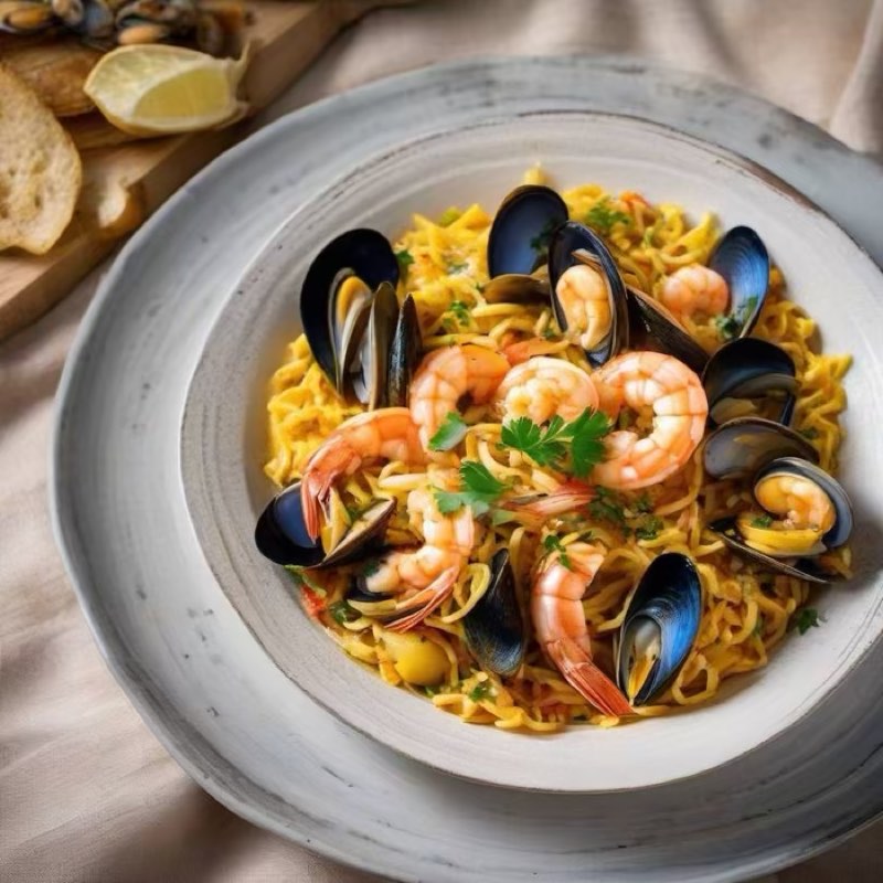 AI-generated illustration of Seafood Fideuà