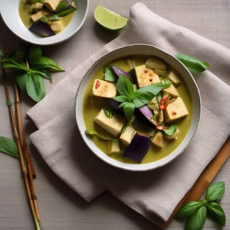 AI-generated illustration of Green Curry with Tofu and Thai Eggplant